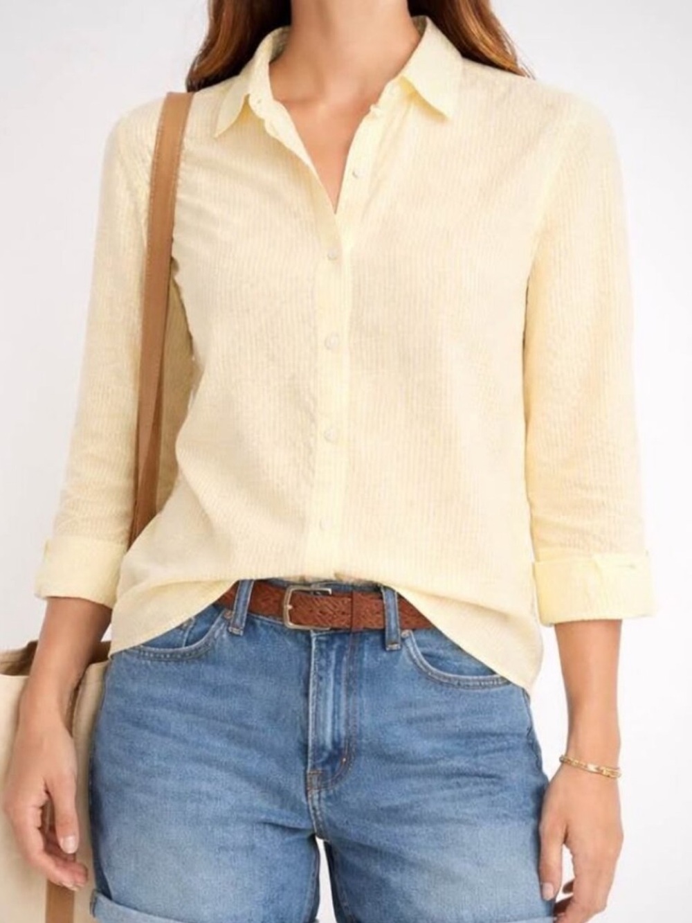 L.L. Bean Pale Yellow and white Stripe Seersucker Women Button up Blouse Size 2X